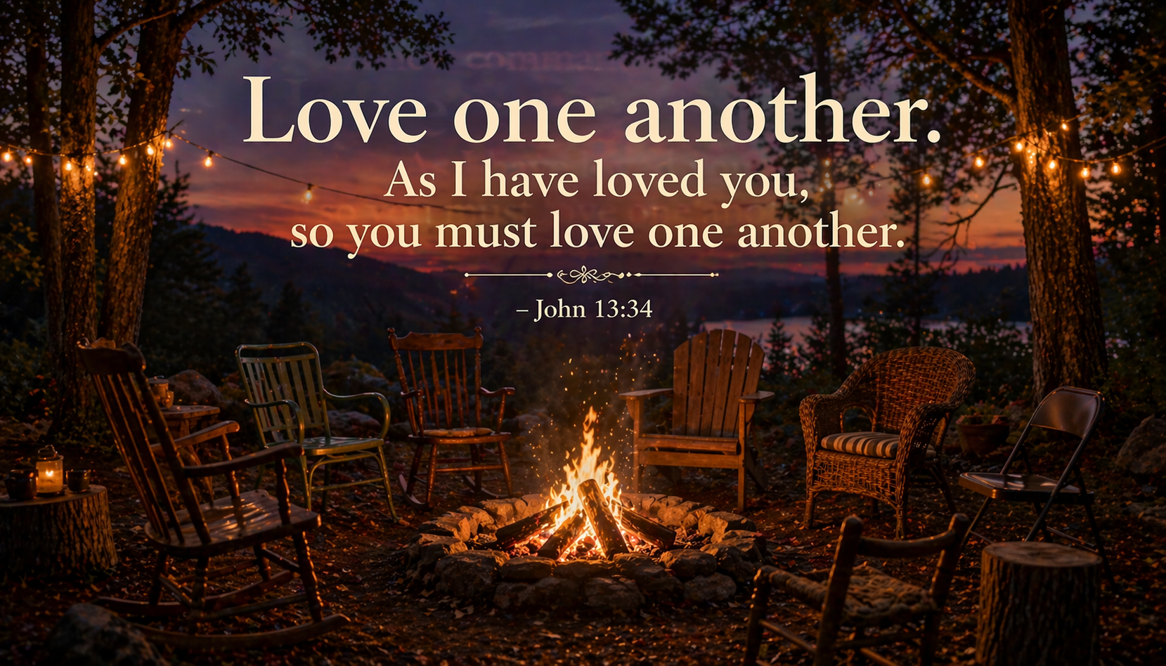 Bible verse John 13:34 Love one another campfire circle at dusk wallpaper